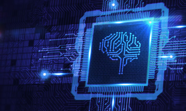 Line drawing of a brain on a microchip